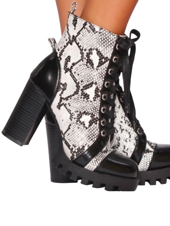Wild Diva Shoes - Wild Diva electric python heeled boots chunky block heel lace-up front